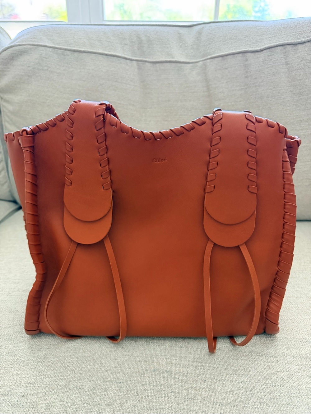 Chloé Medium Mony Whipstitch Calfskin Leather Tote Bag - Henna Orange / Caramel